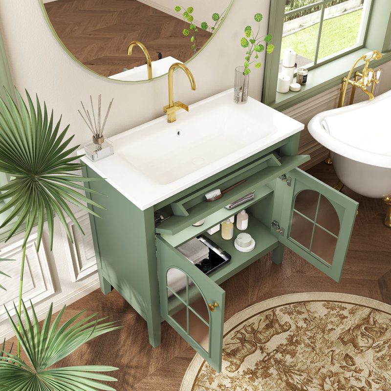 Meuble-lavabo simple 36 po avec plateau en céramique Brecken, Vert