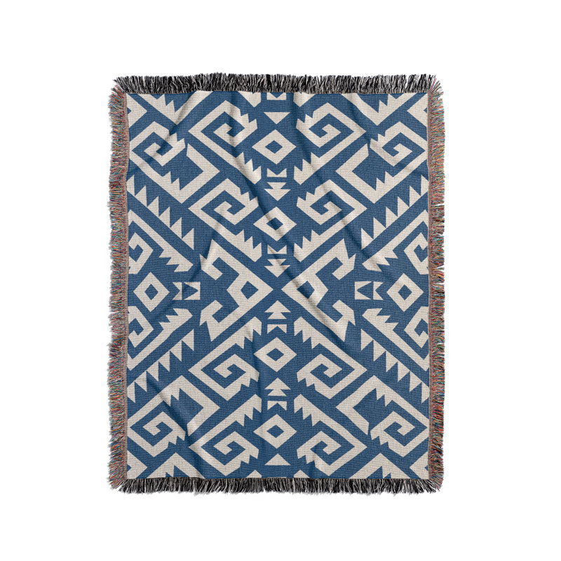 Jeté en mélange de coton Chitto South Western, L 80 po x l 60 po, Bleu / blanc cassé