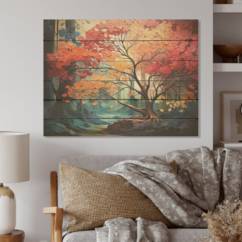 Expressionist Vibrance Of Raimbow Tree I - Tree Redwood Wood Art On Natural Pine Wood, 24" H x 32" W