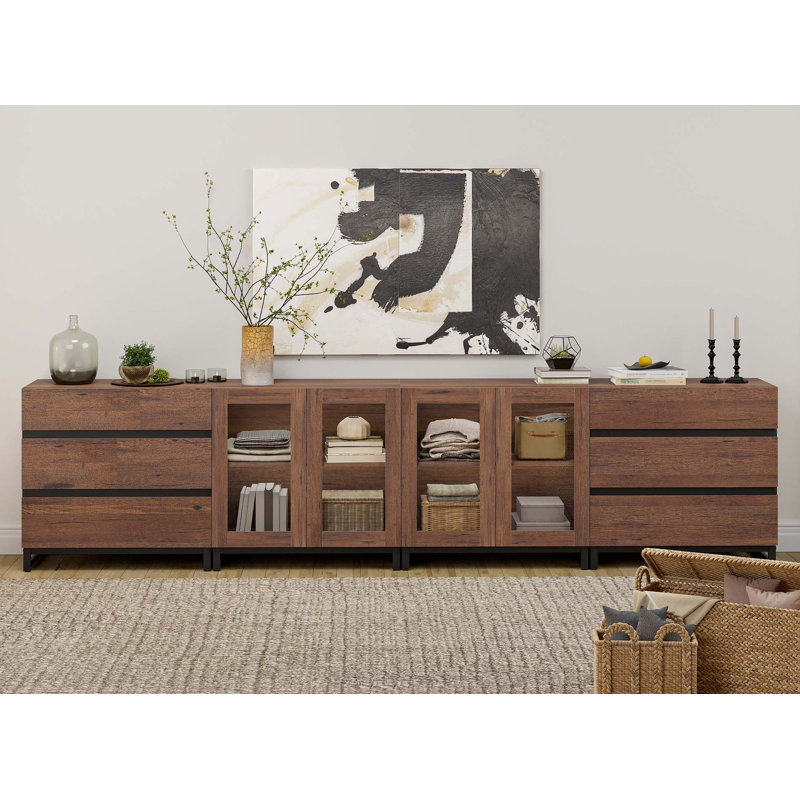 Commode 4 en 1 moderne avec portes en verre et 6 tiroirs, armoire de rangement avec tablettes réglables, commode pour chambre à coucher