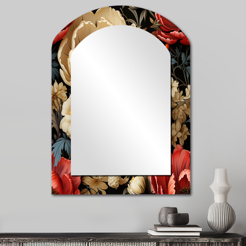 Red And Beige Elegant Poppy Blossum Field - Large Arched Wall Mirror On Metal, 34" x 25"