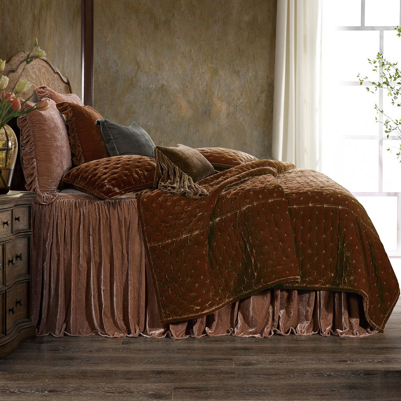 Stella Faux Silk Velvet Romantic Western Ruffle Skirt Bedspread Set, Queen Bedspread + 2 Standard Shams, Dusty Rose