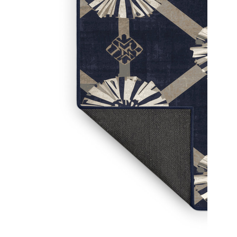 Soft Plush Mondale Cheer Squad Performance Preppy Geometric Area Rug in Gray – Navy Binding, 7x10