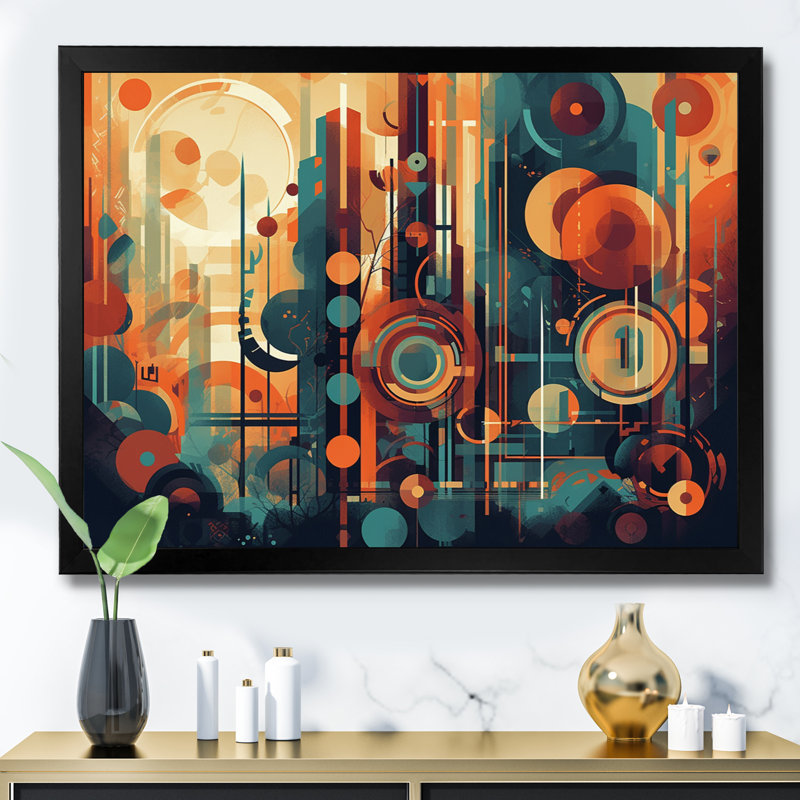 Braxtyn orange et bleu abstrait nostalgie II - art abstrait Mid-Century, Cadre simple noir, H 30 po x l 40 po x P 1,5 po