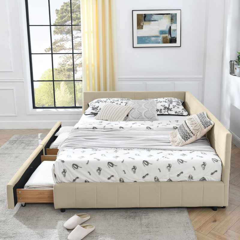 Queen Size Upholstered Tufted Storage Bed Frame, Velvet Sofa Bed with Backrest & Armrests, Beige, Beige