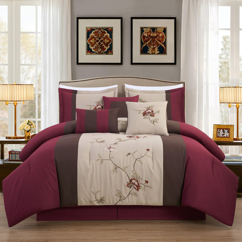 Vienna 7-Piece Floral Embroidered Comforter Set , California King Comforter + 2 King Shams, Burgundy/Taupe/Brown