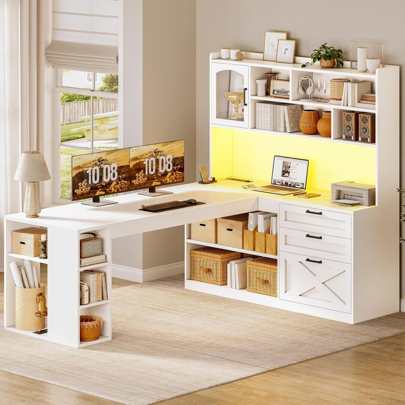 Farmhouse L Shaped Office Desk With Drawers, White