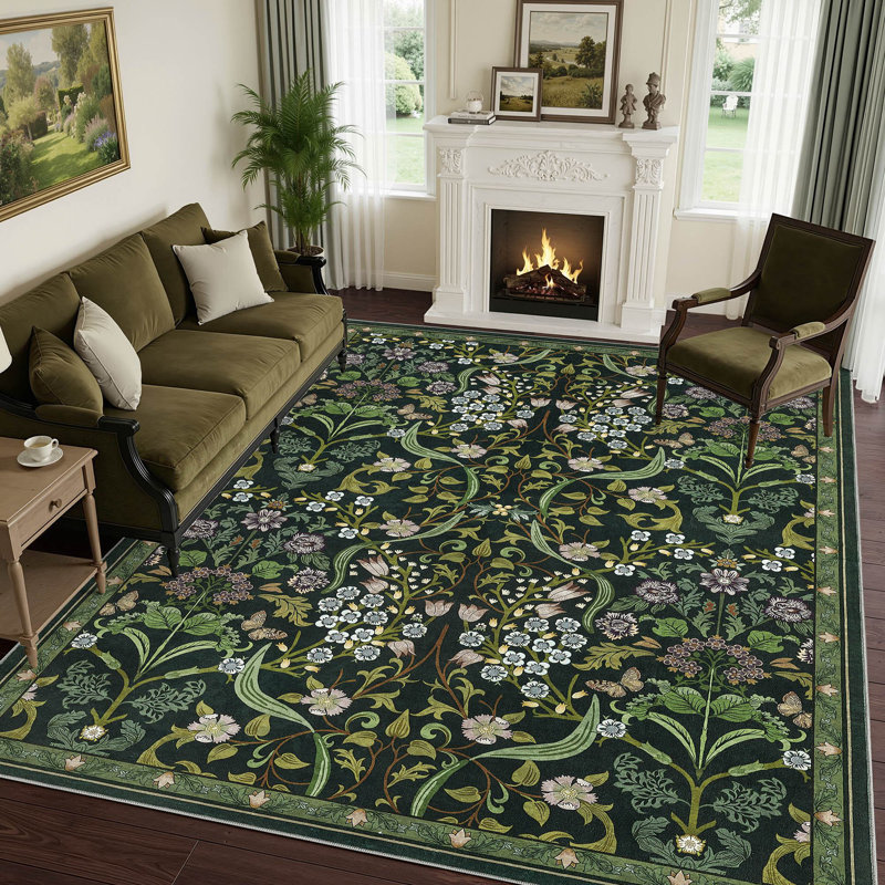 Farmhouse Floral  Area Rug Washable with Non-Slip for Playroom Living Room Bedroom -Green, Rectangle 8' x 10', Green