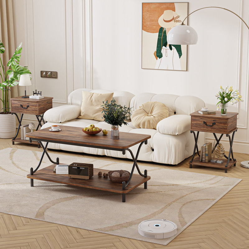 Kempst 3 - Piece Living Room Table Set, Rustic Brown Coffee Table Set of 3, Modern Rectangular Coffee Table with Storage Shelf & 2 Matching End Tables with Drawer