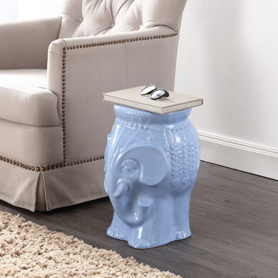 Orla 18.5" Global Blue Glazed Ceramic Elephant Garden Stool, Decorative Indoor Outdoor Accent Side Table & Plant Stand for Home & Patio