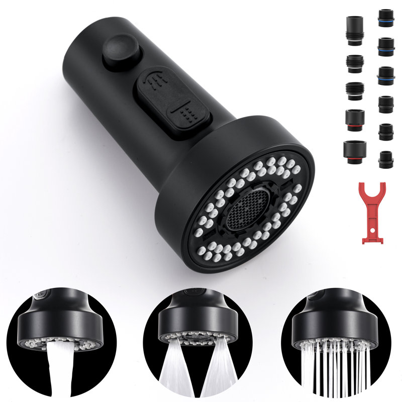 Tête de robinet de cuisine rétractable à 3 fonctions avec 11 adaptateurs, Noir