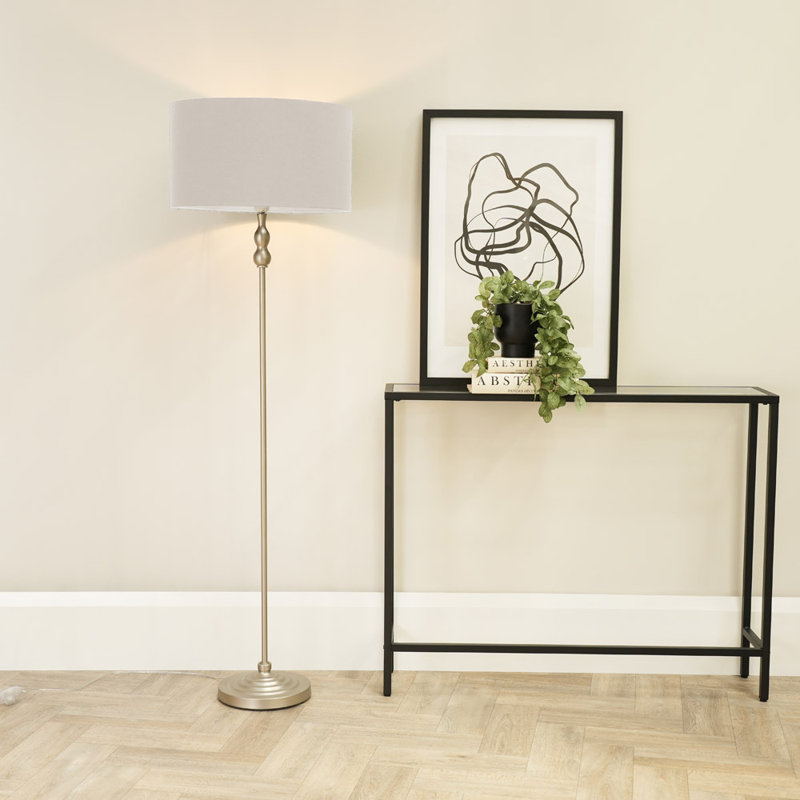Saylorsburg 151cm Traditional Floor Lamp, Grey Fabric, No, Brush Chrome Silver
