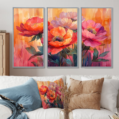 Radiance au coucher du soleil, pivoines, fleurs I - ensemble de 3 pivoines