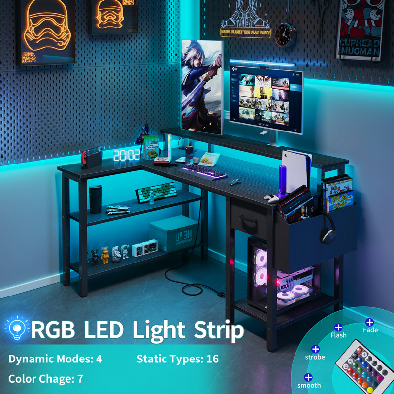 Computer Desk with Monitor Stand, Gaming Desk with LED Lights & Power Outlets, Black