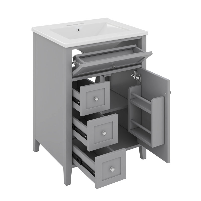 Meuble-lavabo 24 po avec lavabo supérieur, deux tiroirs et un tiroir rabattable, tablette réglable, Gris/argent