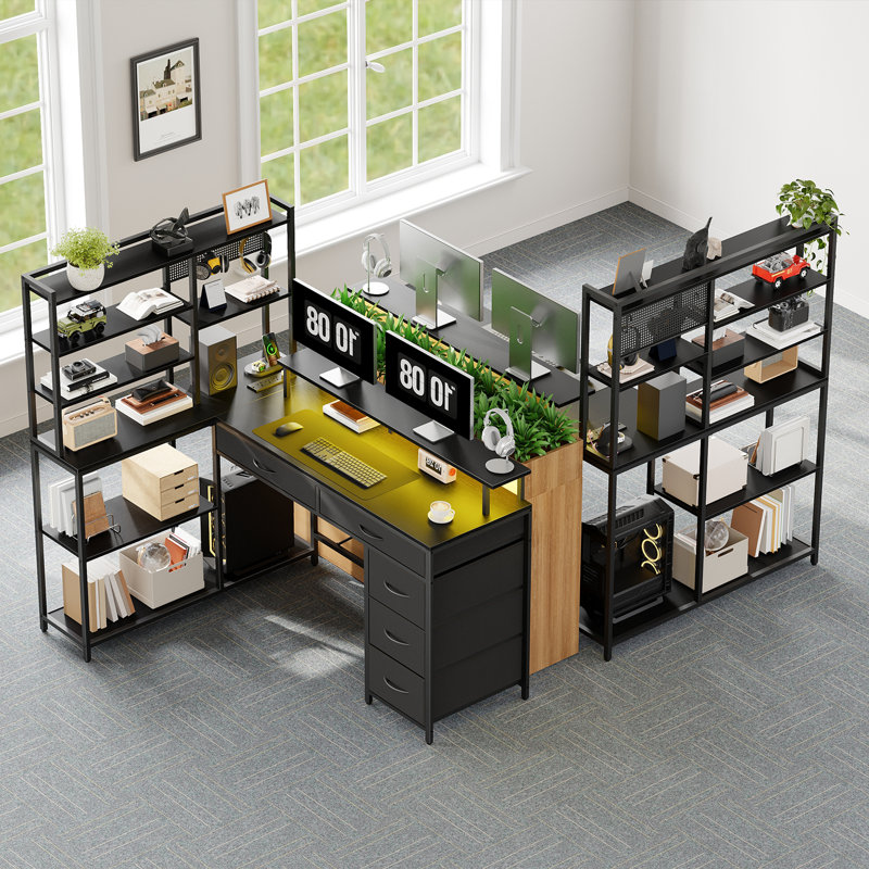 Bureau d'ordinateur de coin en forme de L de 53 po avec tiroirs et prises de courant, bureau de jeu avec tablettes de rangement et lumière DEL