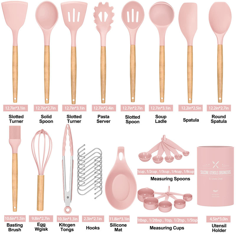 Ensemble d'ustensiles de cuisine Chef 33 pièces, ensemble de spatules antiadhésives en silicone avec support,, Rose