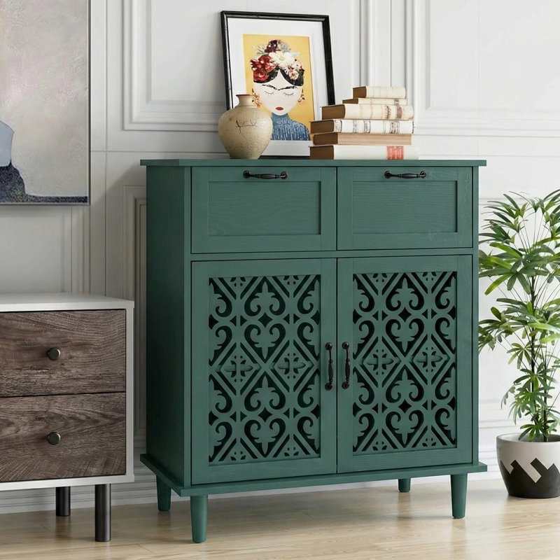 Kitchen Storage Cabinet with Drawers - Accent Cabinet with Carved Door, Floor Sideboard Buffet with Storage, Small Wood Credenza for Living Room, Dining Room, Entryway