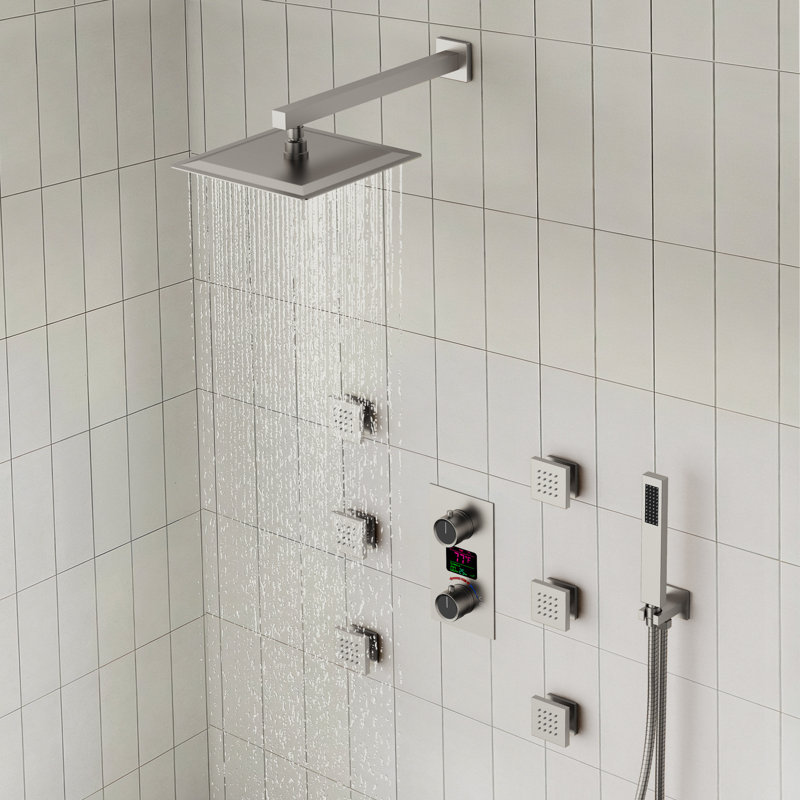 Wall Mounted Digital  Shower System , 12"  High Pressure Rainfall Shower Head with Handheld Shower, Brushed Nickel