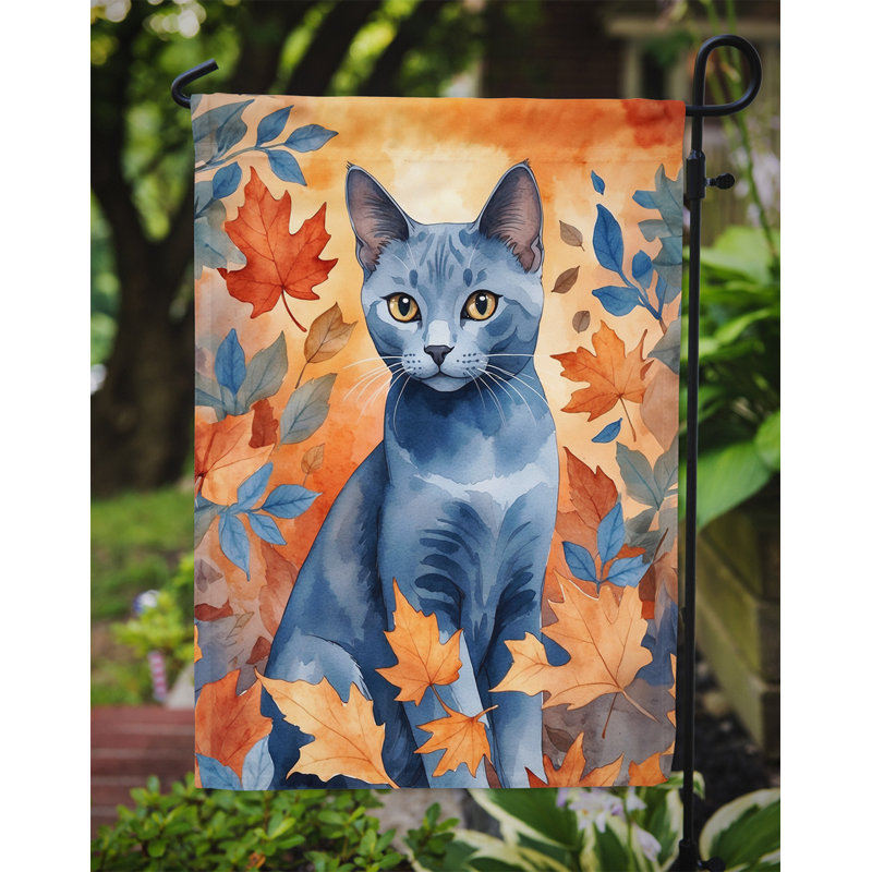 Chat en feuilles d'automne drapeau de jardin, Bleu russe