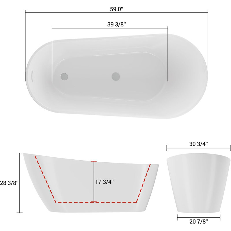 Freestanding Bathtub 59/67 inch Acrylic Soaking Tub with Chrome Drain and Overflow, Compact Modern Bath for Bathroom Upgrade and Relaxing Home Spa Experience