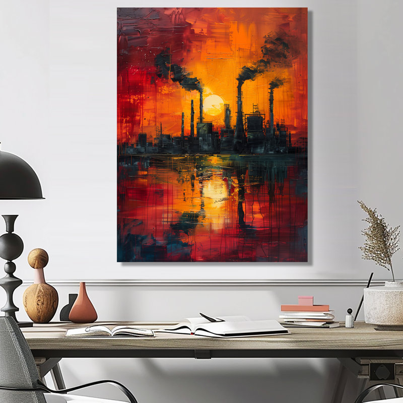 Art industriel rouge «Polution I» - usines, H 20 po x l 12 po x P 1 po, Métal métal