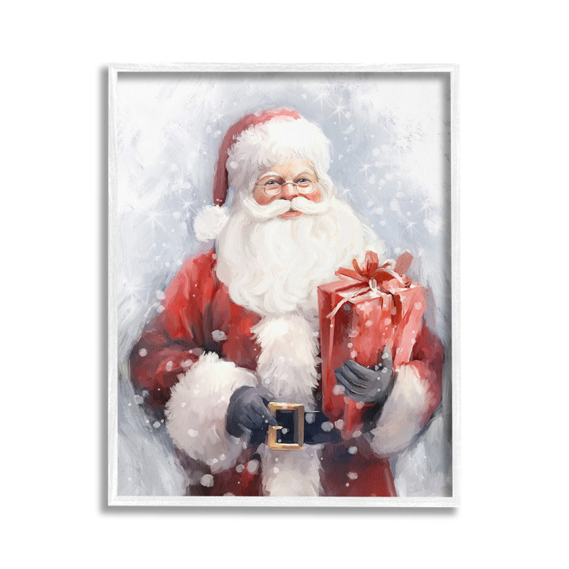 «Santa With Red Gift Single Frame Frame» par Ramona Murdock sur toile, H 20 po x l 16 po, Giclée encadrée blanc bord de mer