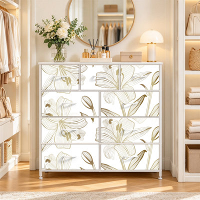 Commode avec 9 tiroirs en tissu, commode haute pour chambre à coucher, commode à grandes tiroirs pour le salon
