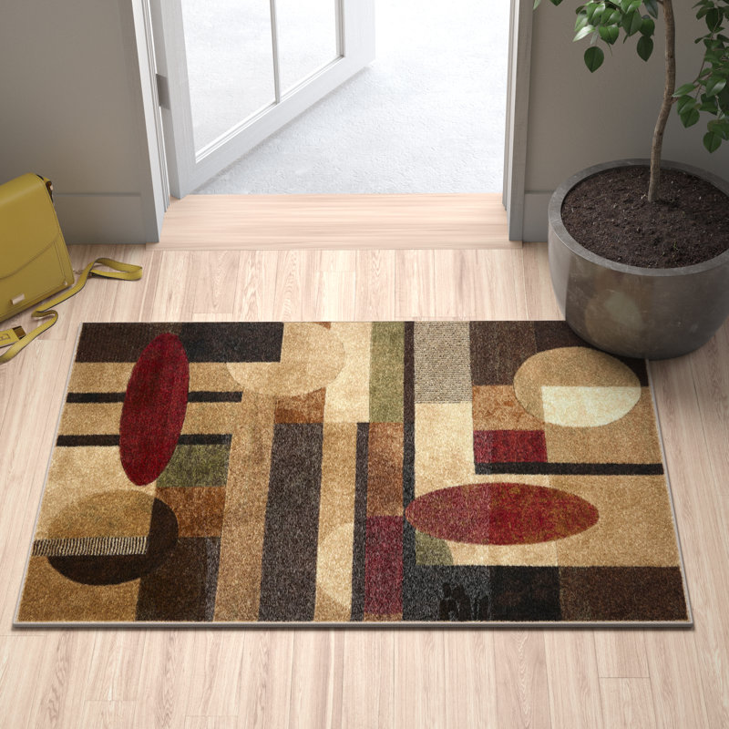 Tapis en polypropylène à motif géométrique brun / brun clair / vert Amalyn, Rectangle 3 pi 3 po x 4 pi 7 po