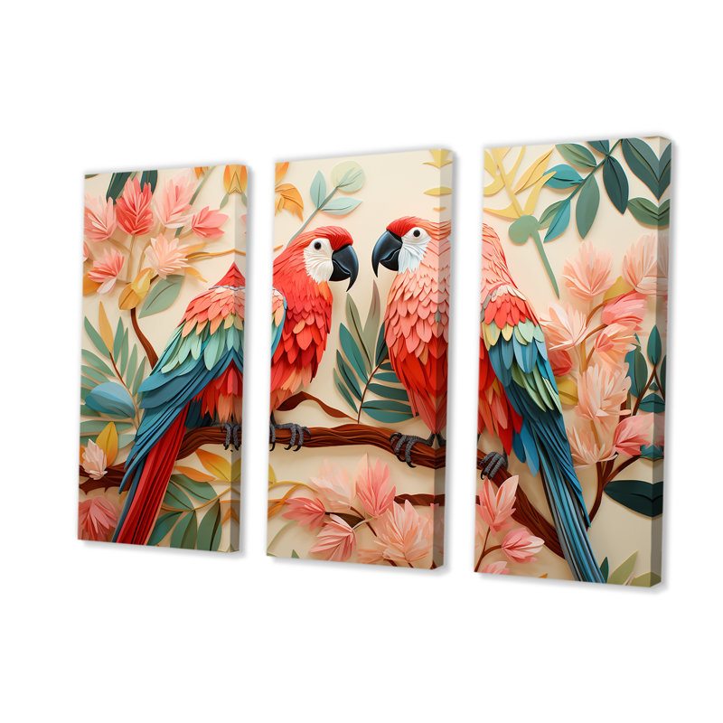 Fleurs tropicales roses et bleues - art mural perroquet II, Toile tendue, H 40 po x l 61 po