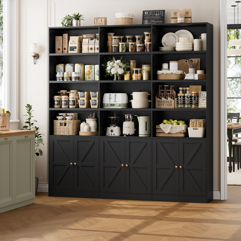 70.9" Wide Bookshelf, Tall Bookcase with 12 Open Shelves and 3 Cabinets, Large Wooden Bookshelves, Matte Raven