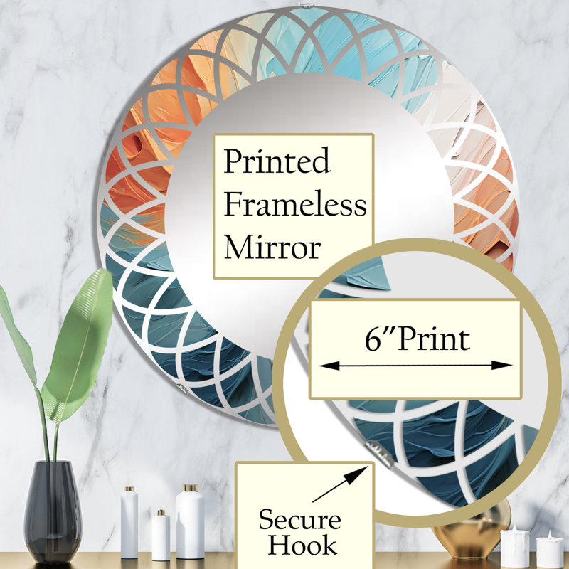 Teal Orange Bold Abstract Flow Collage I - Miroir mural rond moderne, 32 po x 32 po