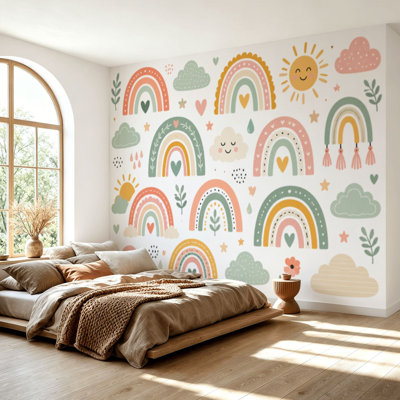 Wall Mural Peel and Stick Wallpaper Hand Drawn Boho Rainbows Cute Set Pastel Earthy Colors Elements Self-Adhesive Removable Contact Paper Wall Decor for Living Room Bedroom 69"H x 96"W