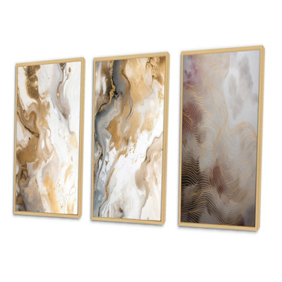 «Gold and Gray Abstracted Line Artistry», 3 pièces sur toile