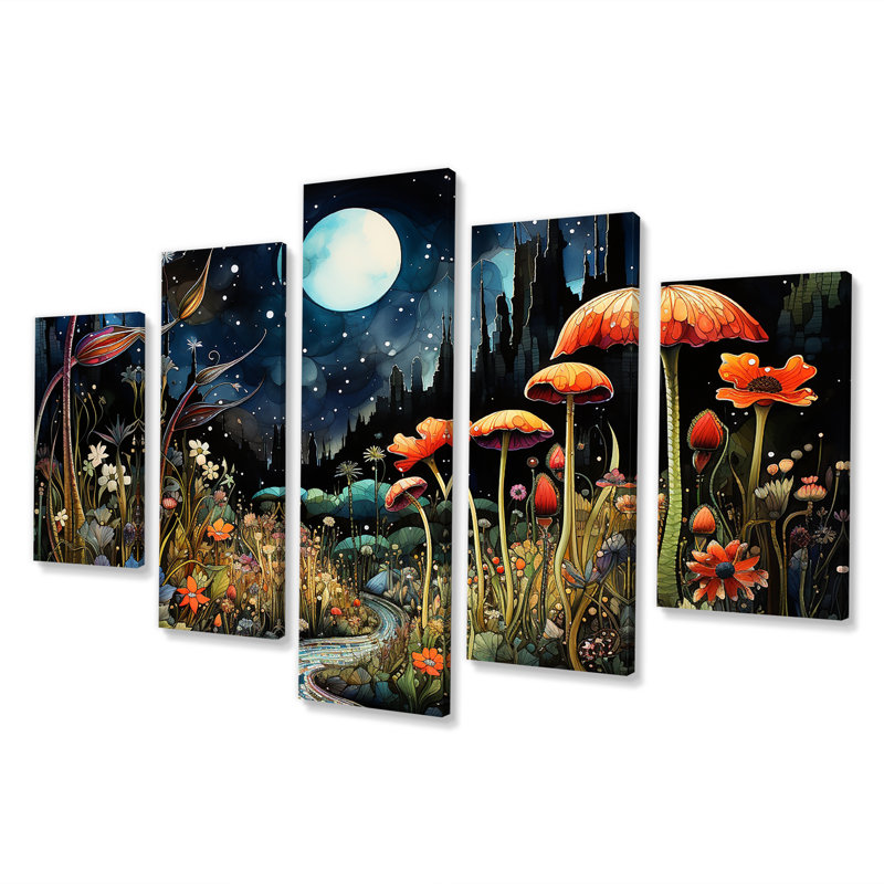 «Fantasy Mushroom Daydream I - Abstract Landscape Multipanel», ensemble d'art mural