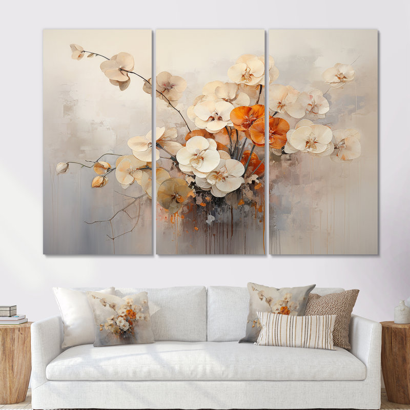Beige And Orange Minimalism Pansy Delight - Pansies Wall Decor Set, 28" H x 36" W x 1" D, Wrapped Canvas