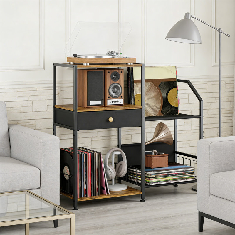 Support pour tourne-disque à 3 niveaux avec tablette en vinyle pour 200 albums, support pour tourne-disque et table de bout rétro, noir et brun