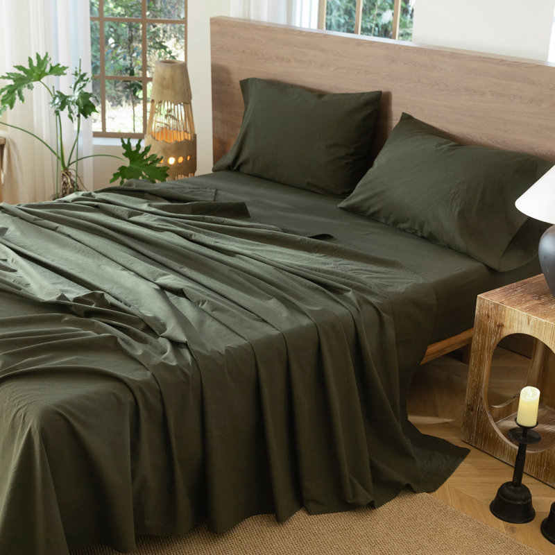 MooMee Flat Sheet 100% Washed Cotton Linen Like Textured Breathable Lightweight, Queen Flat Sheet, Olive Green