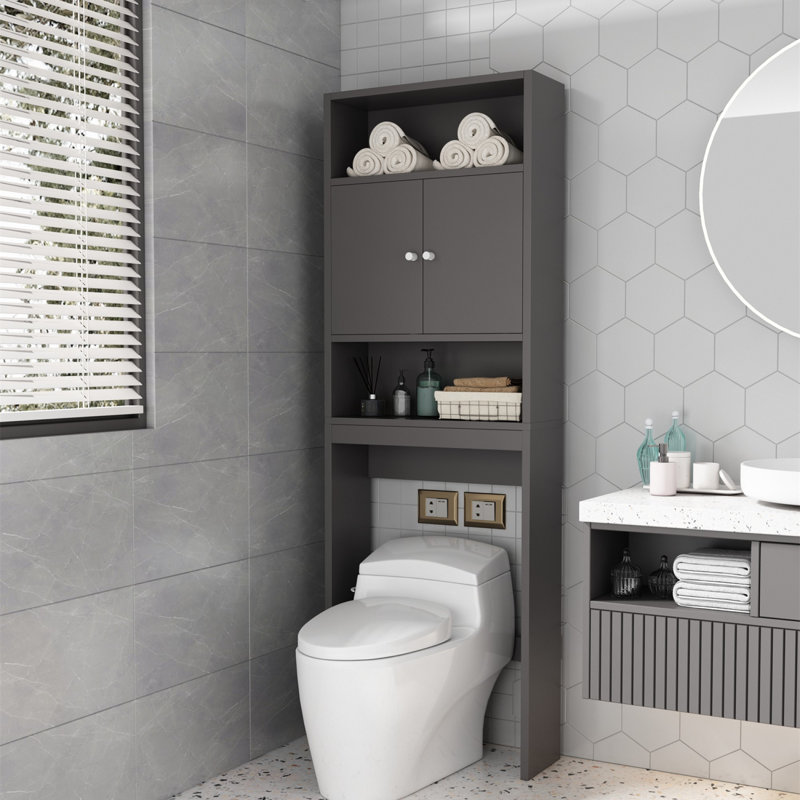 Elizajane 25" W x 77" H x 8" D Freestanding Over The Toilet Bathroom Storage With Upper Cabinets And Open Shelves, Gray