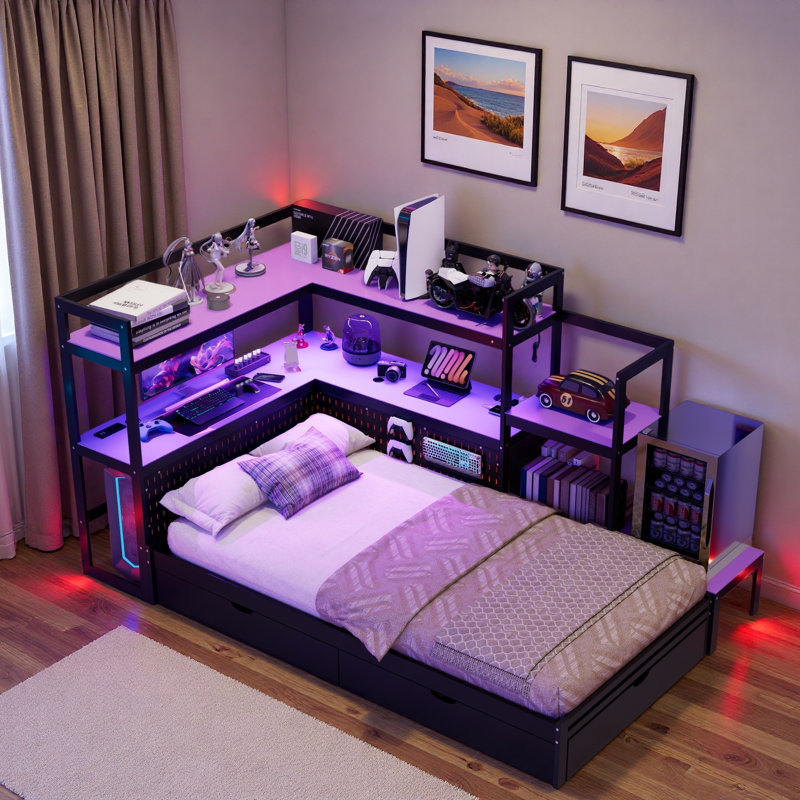 Modern Gaming Daybed With Integrated Desk, Bookcase, 3 Storage Drawers, Pegboard Headboard, Built-in Charging Station And Led Light