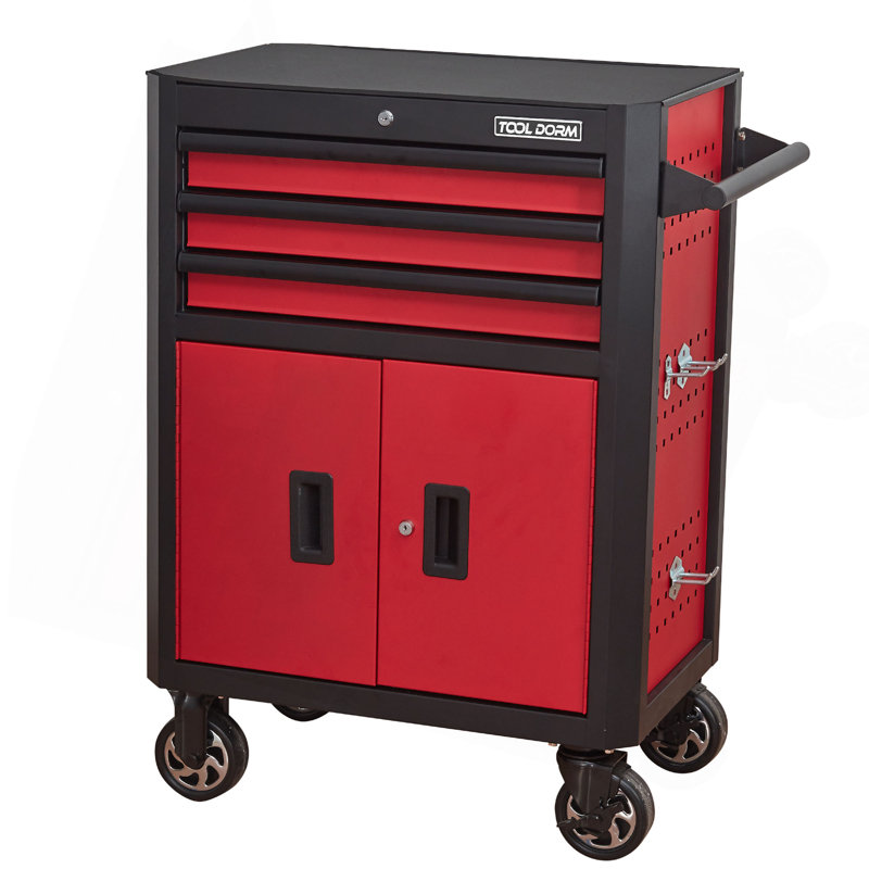 Coffre à outils 28 pouces à 3 tiroirs avec roulettes, armoires à outils en acier avec tiroirs, doublures et système de verrouillage pour entrepôt, garage, noir et rouge