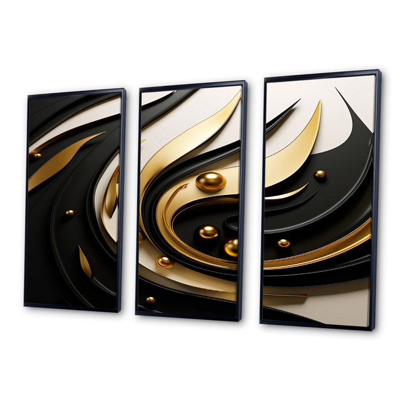 Gold Core Minimal Gold Streams - ensemble d'art mural paysage urbain, Cadre flottant noir, H 40 po x l 60 po x P 1 po