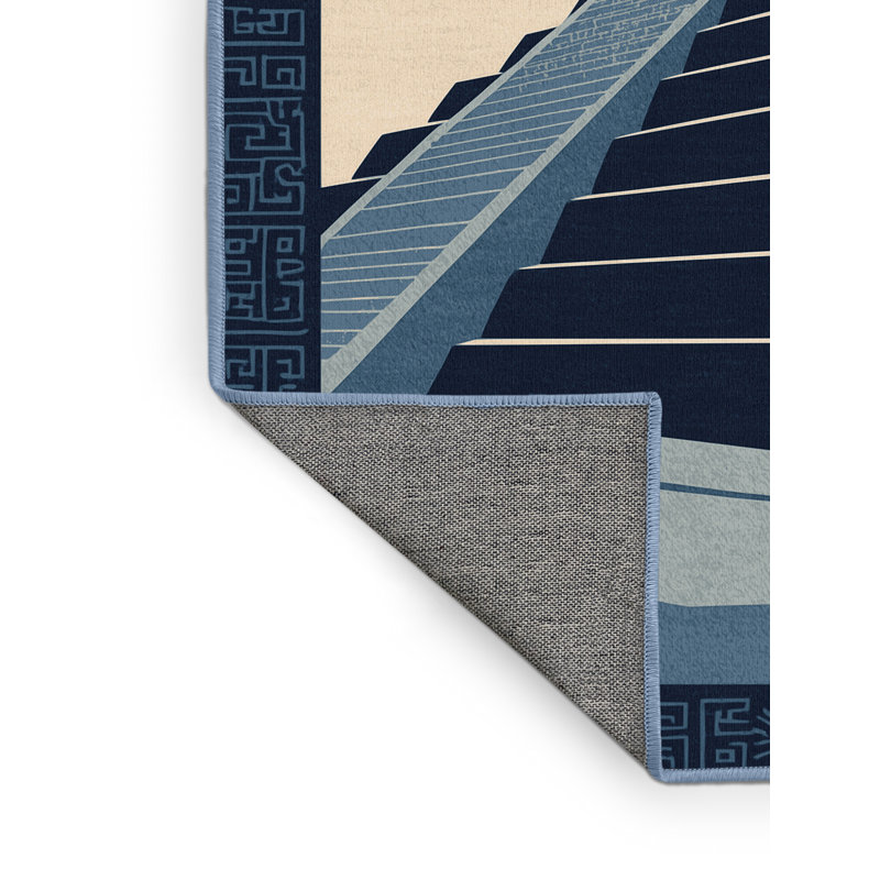 Machine Washable Pelico Teotihuacan Pyramids Global Inspired Block Print Rug in Blue – BabyBlue Binding, 6x9