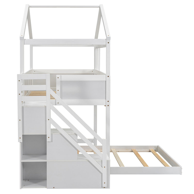 Lit superposé House avec escalier et rangement, Blanc