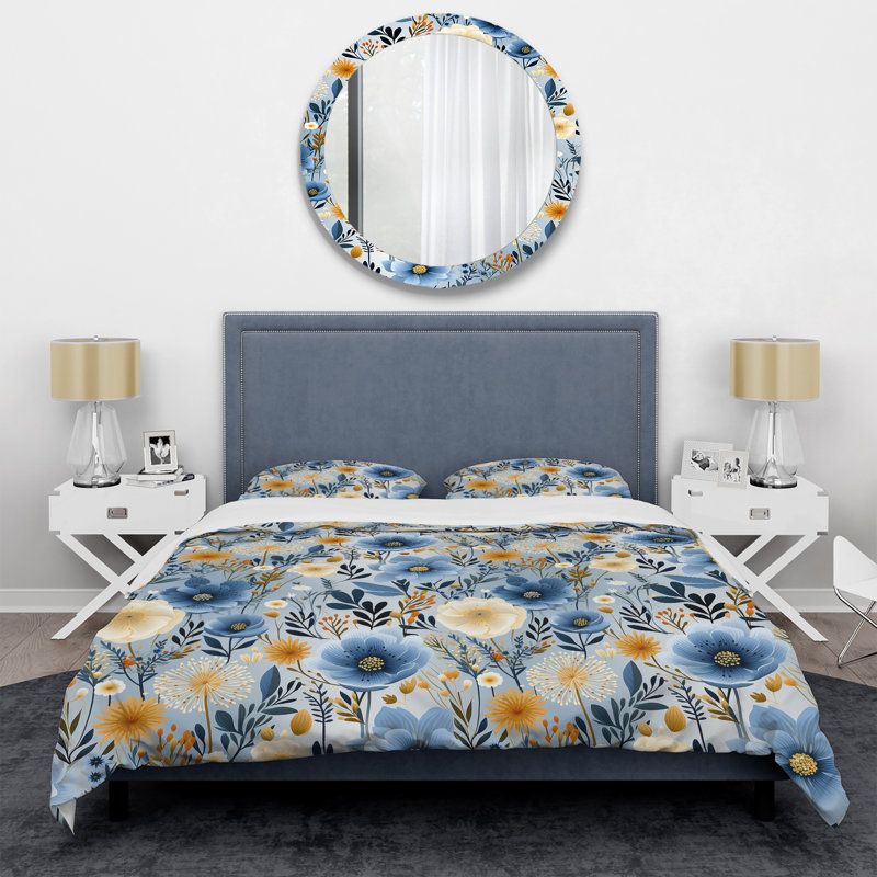 Blue Boho Chic Floral Motif - Ensemble de housse de couette floral, Housse de couette simple + 1 taie décorative stan