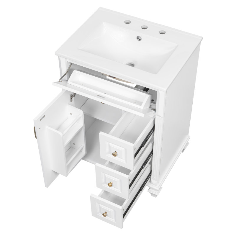 Meuble-lavabo 24 po avec lavabo en céramique, armoire en bois massif avec tiroir rabattable, 3 tiroirs latéraux et porte