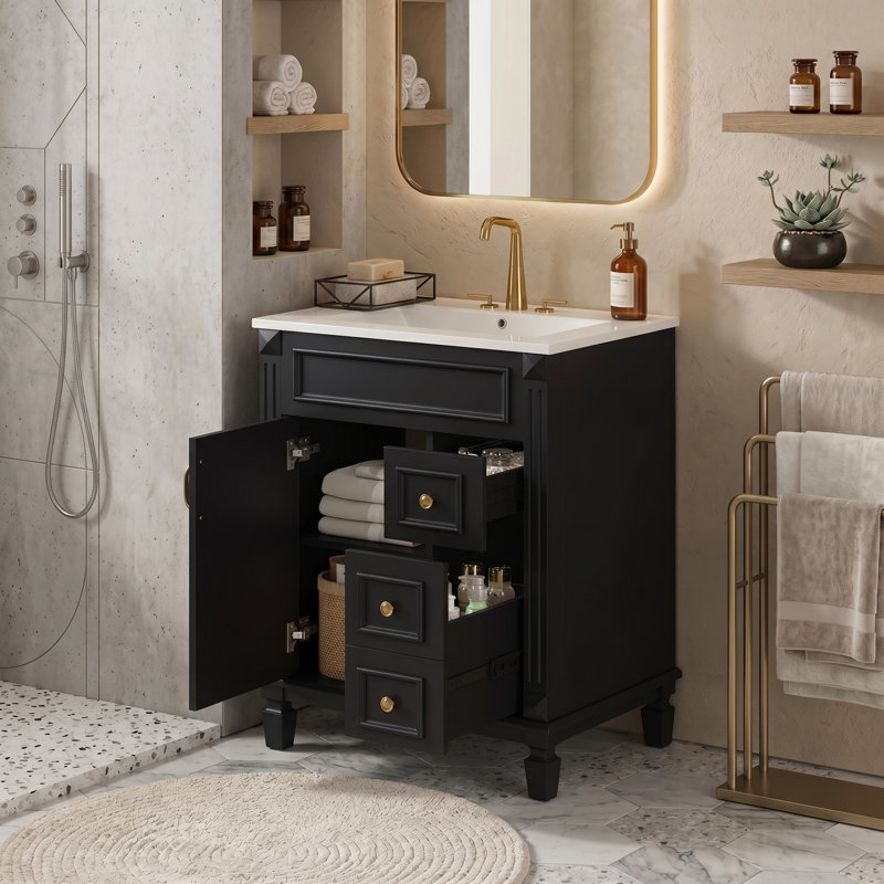 24" Bathroom Vanity with Ceramic Sink｜Black｜Small Bathroom Sink Cabinet｜2 Drawers and Adjustable Shelf｜Quiet and Smooth Operation