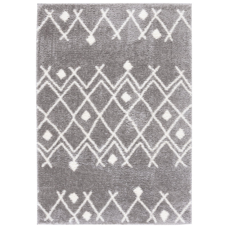 Gray Geometric Hand-knotted Shag Rug, 5' x 7'
