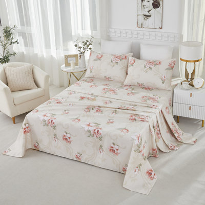 Ensemble de draps 100 % coton égyptien, 4 pièces, 800 fils/cm², style vintage luxueux à motifs floraux botaniques, idéal pour la chambre à coucher, la chambre d'amis ou le dortoir étudiant, en toutes saisons.