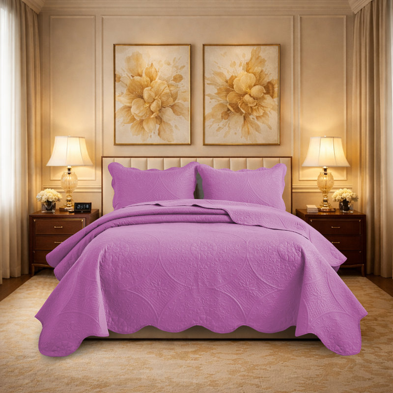 Floral Embossed Microfiber Quilt Set Pre-Washed  Soft Bedspread, Twin Bedspread + 1 Standard Pillowcase, Lavender